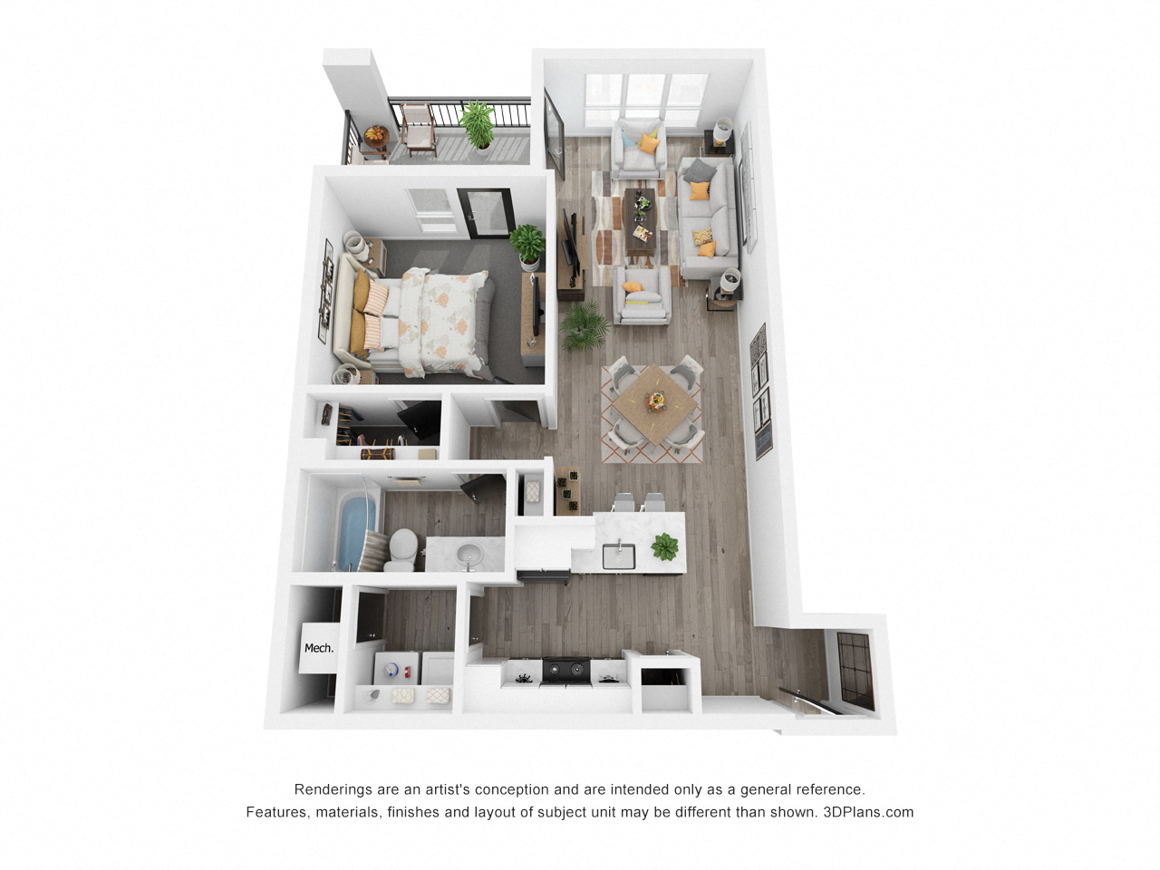 Floor plan for 1 bed, 1 bath, 794 sqft